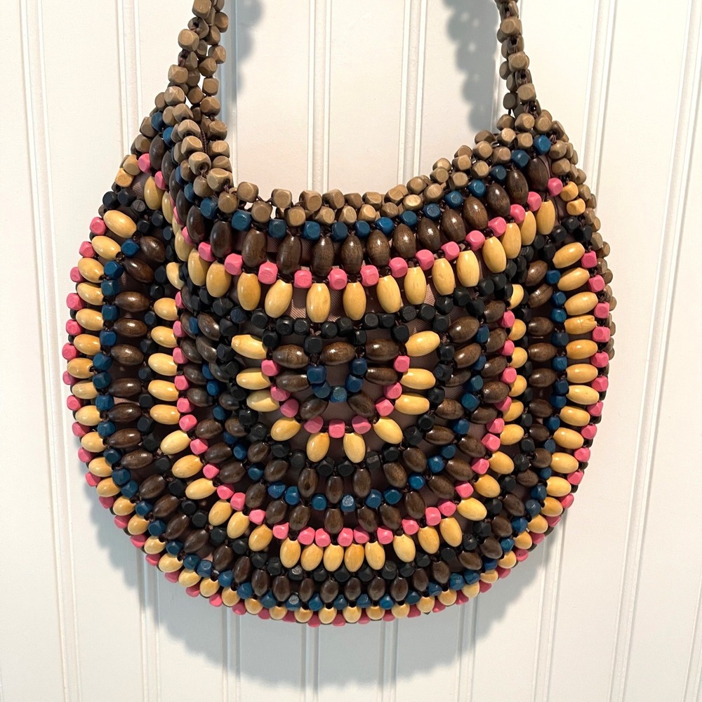 The Sak Beaded Shoulder Bag Womens Medium Multi Color Boho Wood Bead Mosaic Zip - Picture 2 of 10